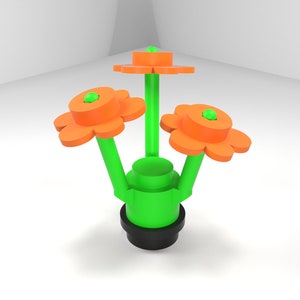 May include: A three-dimensional flower sculpture with three orange flowers and green stems. The flowers have a green center and are arranged in a circular pattern. The sculpture is on a white background.