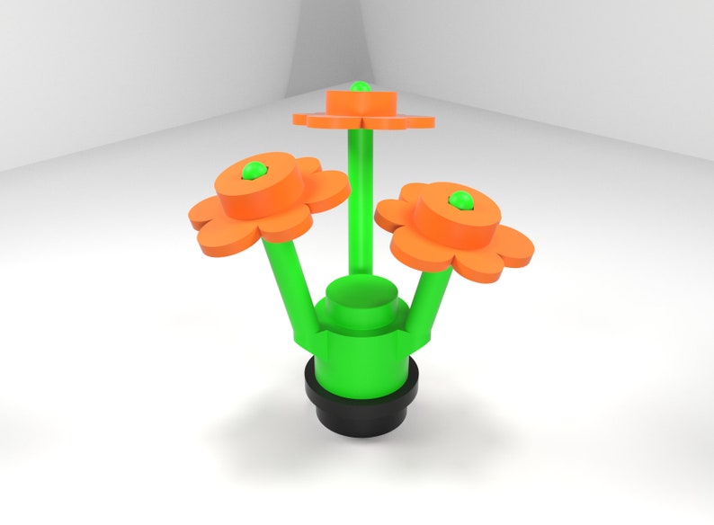 May include: A three-dimensional flower sculpture with three orange flowers and green stems. The flowers have a green center and are arranged in a circular pattern. The sculpture is on a white background.