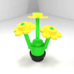 May include: A green and yellow flower sculpture with three flowers and a black base.