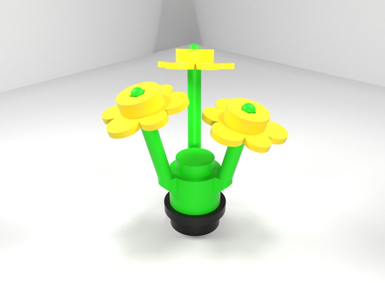 May include: A green and yellow flower sculpture with three flowers and a black base.