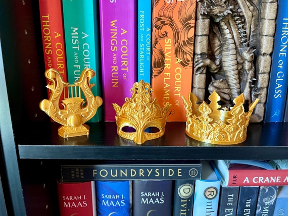 Golden Fae Trove Bookshelf Decor - Golden Harp, Mask, and Crown - Dread Trove ACOTAR Inspired 3D Printed Bookish Decor