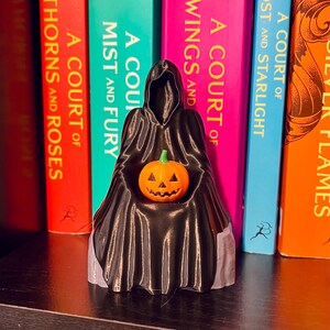 Op de afbeelding: Een zwart silhouet van een figuur met een capuchon die een oranje pompoen vasthoudt. De figuur staat voor een rij kleurrijke boeken met titels als "A Court of Thorns and Roses" en "A Court of Mist and Fury".
