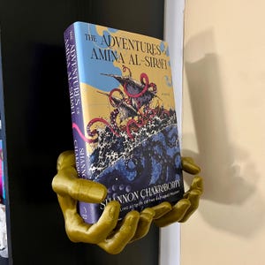 May include: A pair of gold-colored hands holding a book titled "The Adventures of Amina Al-Sirafi" by Shannon Chakraborty. The book cover features a colorful illustration of a ship being attacked by a giant octopus.