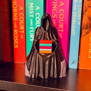 Op de afbeelding: Een zwart beeldje van een figuur met een capuchon die een stapel kleurrijke rechthoekige blokken vasthoudt. Het beeldje staat op een plank voor een rij boeken met titels als "A Court of Thorns and Roses".