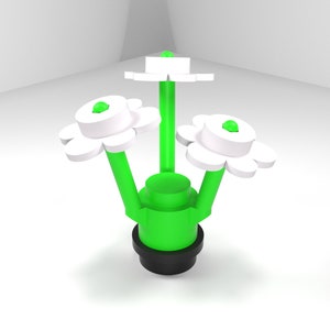 May include: A green and white flower sculpture with three white flowers and green stems. The flowers have a green center and are arranged in a cluster on a green base.