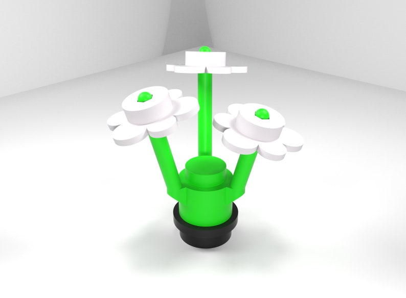 May include: A green and white flower sculpture with three white flowers and green stems. The flowers have a green center and are arranged in a cluster on a green base.