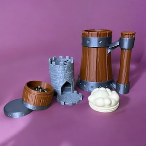 May include: A set of 3D printed dice towers and a beer stein shaped dice tower. The towers are made of brown and grey plastic and have a medieval castle theme. The beer stein is brown and has a silver metal band around the top. The dice towers are designed to hold dice for tabletop games.