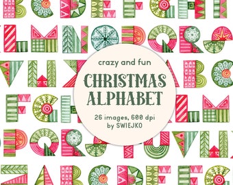 Crazy Christmas Alphabet, holiday clipart, illustrated alphabet, holiday 2021