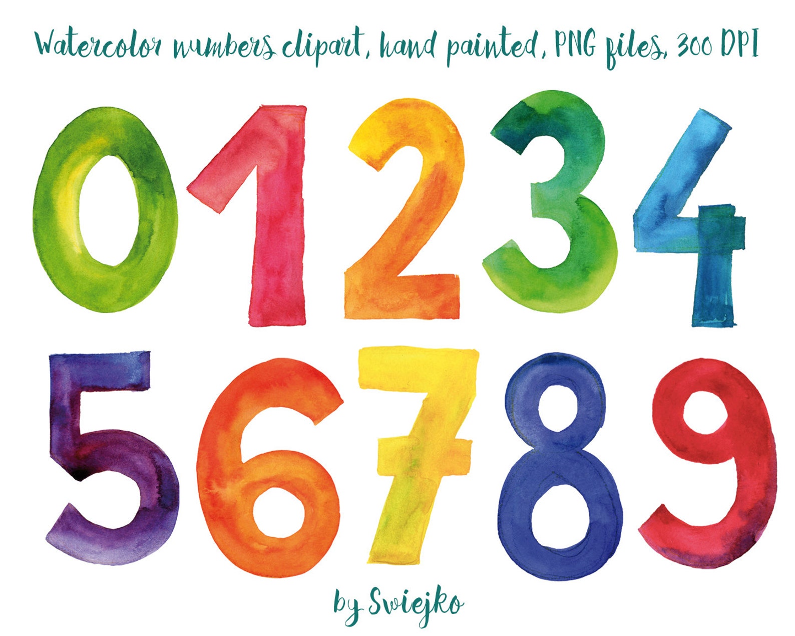 Zahlen Aquarell Clipart bunte Buchstaben Hand bemalt 123 Etsy