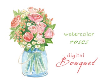 Digital Clipart, Watercolor Flowers, Rose Bouquet, Wedding Bouquet