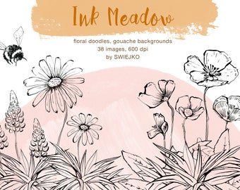 Flower Doodle clipart images, design elements - flowers, bumblebee, gouache background, hand drawn, Ink Meadow