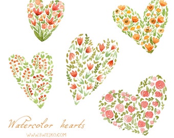Digital Clipart ,Watercolor Hearts, Watercolor Flowers, Hand Painted