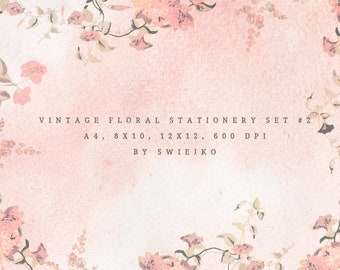 Vintage Floral Stationery Set #2, Watercolor Digital Paper, background, greeting cards, wedding, washes, scrapbooking, vintage flowers