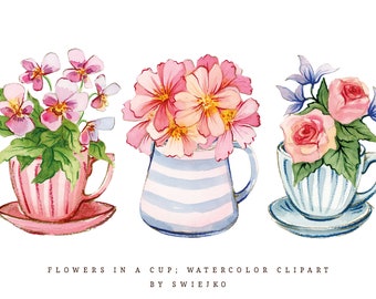 Digital Watercolor Florals, Country Flowers, Cottagecore, Rustic flowers, Flowers in a cup, hand painted watercolor flowers, floral clipart