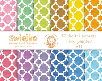 Watercolor Digital Paper, Quatrefoil, Moroccan Tile, Handpainted, Backgrounds (11)