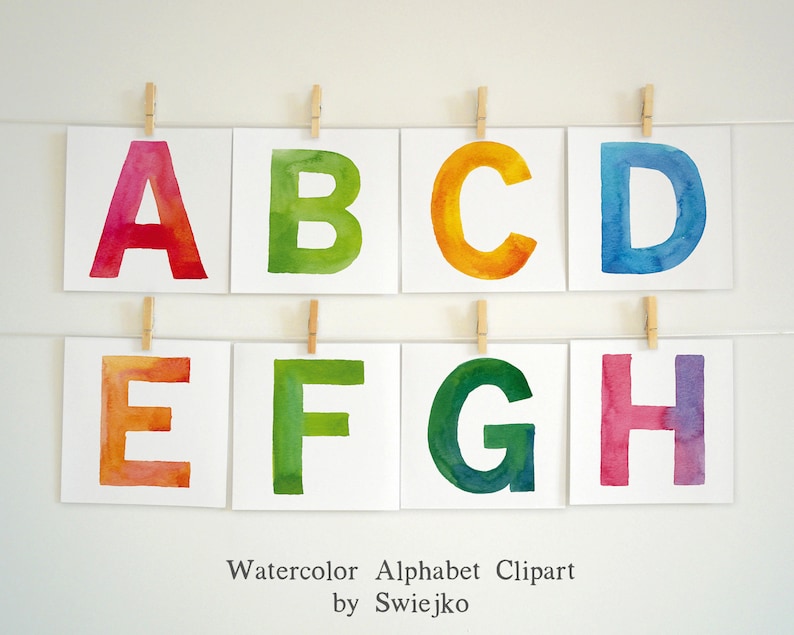 May include: Eight watercolor alphabet cards, each featuring a letter from A to H. The letters are painted in a rainbow color scheme, with each card having a different color.