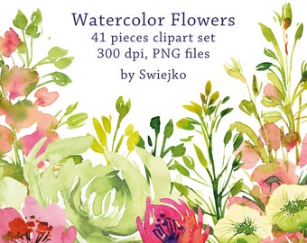 Watercolor Flower Clipart, Hand-Painted Garden Set (PNG)