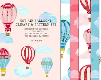 Digital Clipart, Hot Air Balloons and fluffy clouds - seamless pattern and clipart set