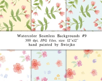 Watercolor Paper, Seamless Paper,  6 Digital Scrapbooking Papers, Hand Painted, Flowers(9)