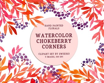 Branch Clipart, Watercolor Chokeberry Corners, floral clipart for scrapbooking, printing and crafts, digital download