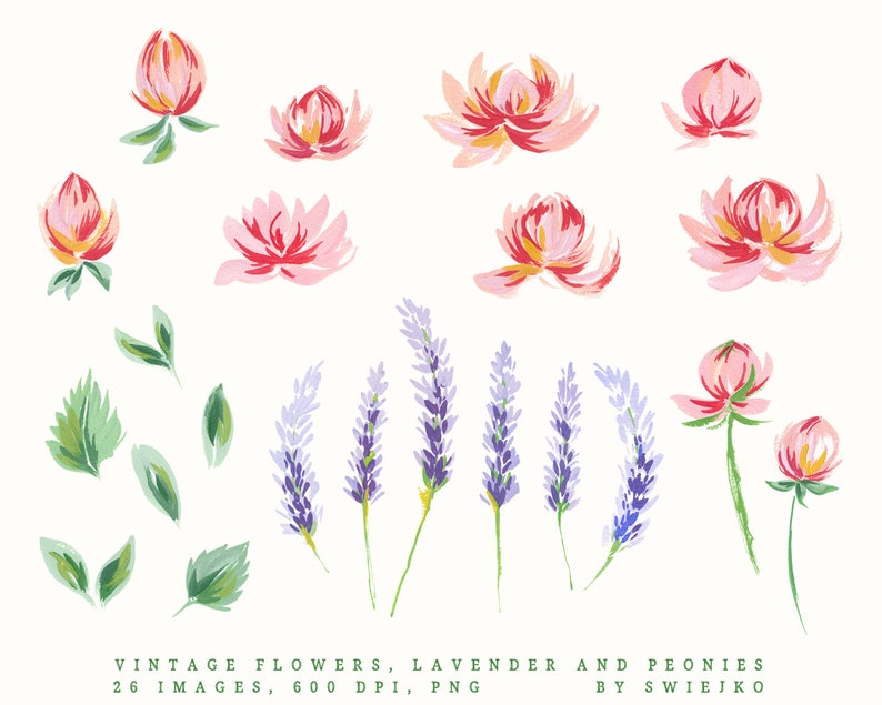 Digital Clip Art, Vintage Flowers, Hand painted with gouache, peonies and lavender, wedding floral decoration image 2