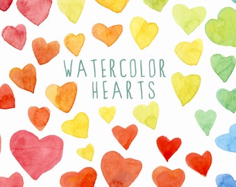 Digitale Clipart, aquarel harten, Hand geschilderde illustraties, Valentijnsdag, liefde, regenboogkleuren