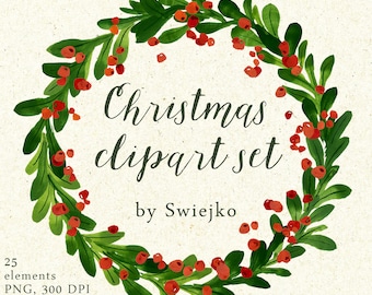 Christmas Watercolor Clipart, holiday wreath, mistletoe