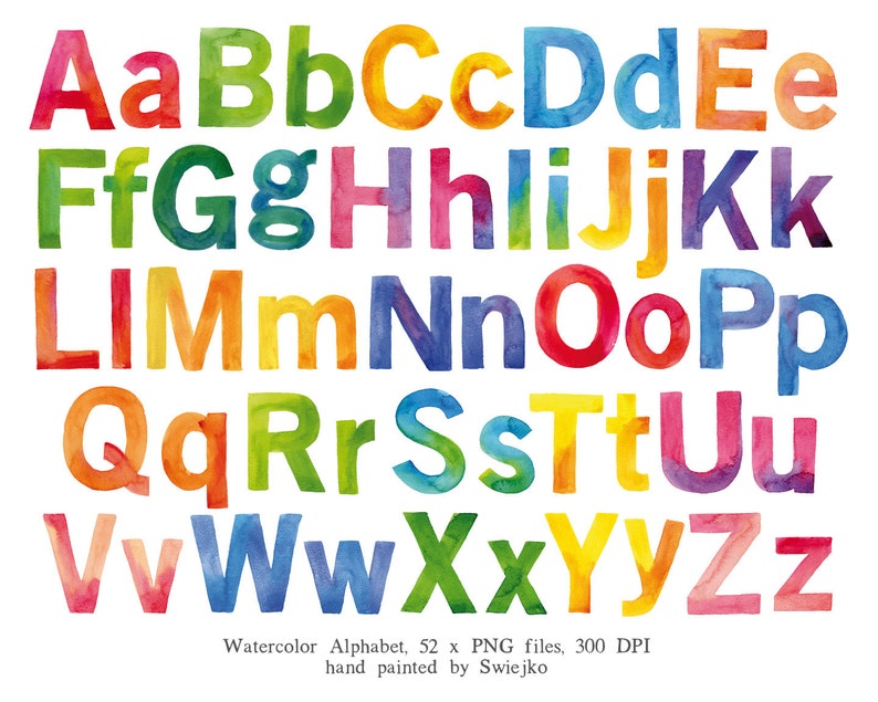 May include: Watercolor alphabet letters A through Z in a rainbow of colors. Each letter is hand-painted and has a unique, slightly imperfect look. Watercolor Alphabet, 52 x PNG files, 300 DPI hand painted by Swiejko