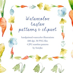 Easter clipart set, spring llustration, carrots, eggs, flowers, printable seamless patterns