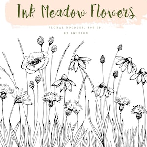 Floral Doodle Clipart, Ink Meadow Flowers, Black and White (SVG, Sublimation)