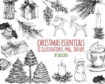 Christmas Clipart, holiday essentials, mistletoe illustration, digital bells, tree, presents, candle, snowman, decoration, reindeer, winter