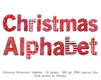 Christmas Alphabet, Watercolor Clipart, typography, letters, holiday decoration