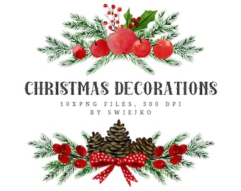 Christmas Watercolor Clipart, Holiday decoration, Christmas bouquet, Divider