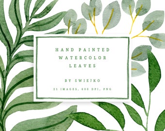 Digital Clipart, Watercolor Leaves, Hand Painted Foliage, tropical jungle design