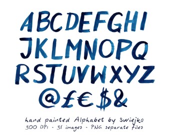Indigo Digital Alphabet, Ink Watercolor Letters, hand painted clipart
