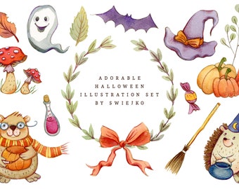 Clipart Halloween, Clipart aquarelle, créatures mignonnes, Png, téléchargement numérique, Halloween, téléchargement immédiat, Clipart, fantôme, citrouille, automne