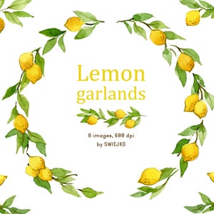 Lemon Garland, summer digital clipart, watercolor clipart, hand painted, fruits, citrus, tropical fruits, wreath, mediterranean vibe