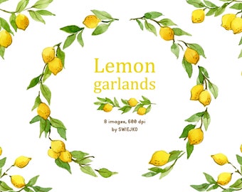 Lemon Garland, summer digital clipart, watercolor clipart, hand painted, fruits, citrus, tropical fruits, wreath, mediterranean vibe