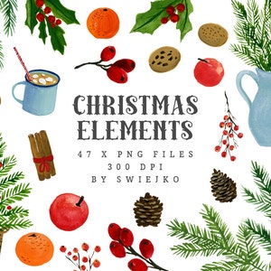 Elementos de aquarela de Natal, clipart digital, clipart de azevinho, férias, Natal, árvore de Natal