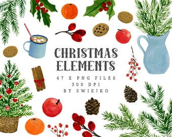 Christmas Watercolor Elements, Digital Clip art, holly clipart, Holiday, Xmas, Christmas tree