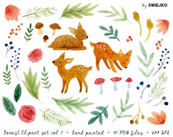 Forest clipart set vol. 1 , roe deer, fern, wild berries,