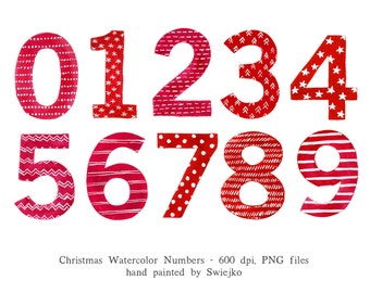 Christmas Numbers, Watercolor Clip art, typography, letters, holiday decoration, Christmas counting