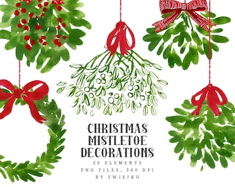 Christmas Watercolor Clipart, mistletoe decoration