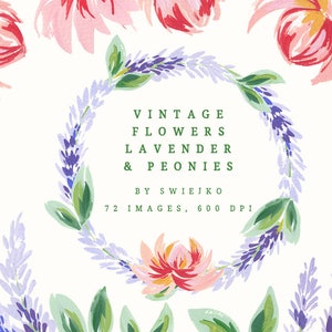 Digital Clip Art, Vintage Flowers, Hand painted with gouache, peonies and lavender, wedding floral decoration image 1