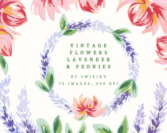 Digital Clip Art, Vintage Flowers, Hand painted with gouache, peonies and lavender, wedding floral decoration