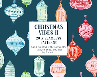 Christmas Digital Background Set, hand painted watercolor paper, seamless patterns, Cgristmas balls, sweet houses, forest