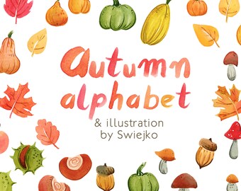 Watercolor alphabet, numbers, autumn illustrations, hand painted clipart, colorful letters, font, typo, typography, autumn watercolor