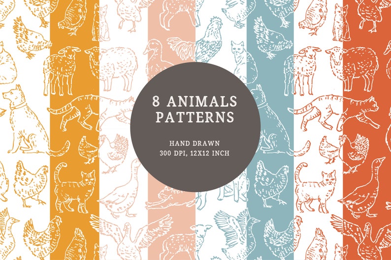 Farm Animals Pattern, Digital Paper, Seamless, Repeatable, Commercial Use, Instant Download, Seamless File, Scrapbook Paper, dog, cat, duck imagem 3