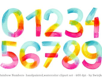 Clipart di numeri arcobaleno acquerellati, invito di compleanno per bambini (download digitale)