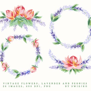 Digital Clip Art, Vintage Flowers, Hand painted with gouache, peonies and lavender, wedding floral decoration image 3